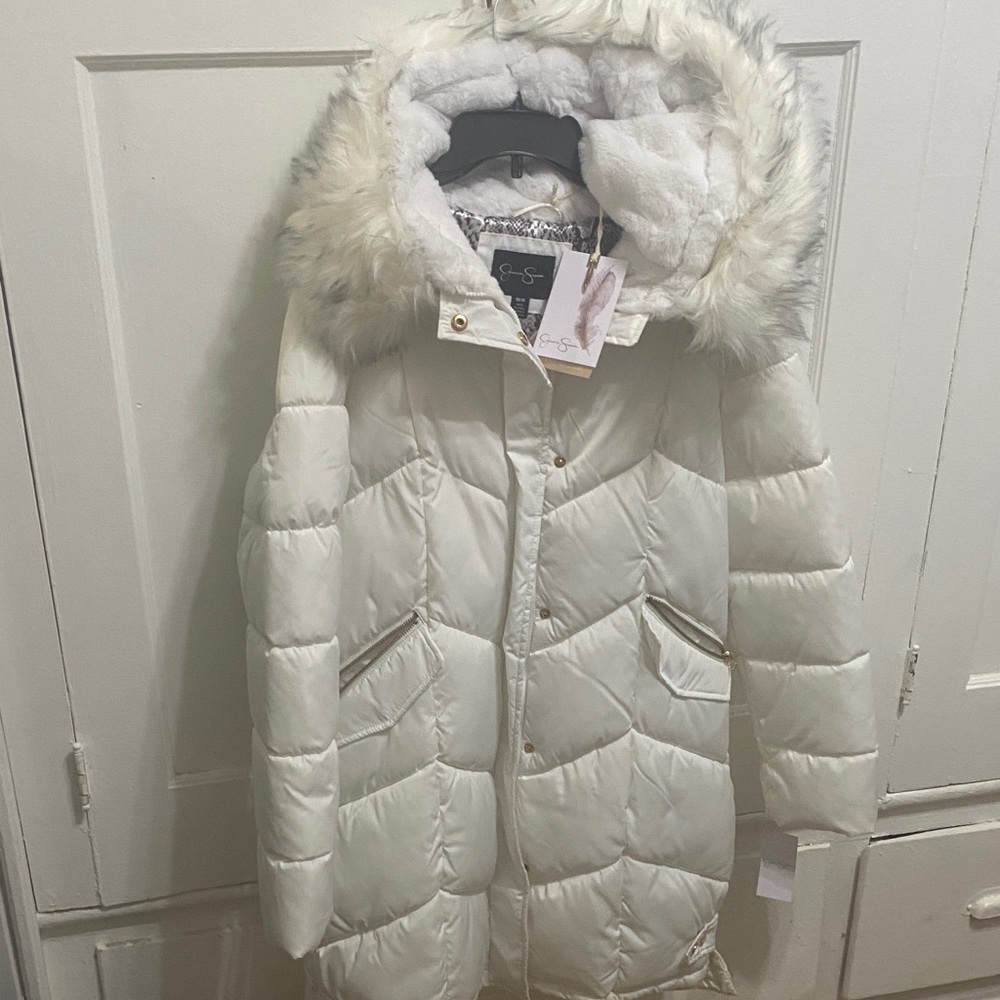 Jessica Simpson Cream Puffer Coat with Faux Fur